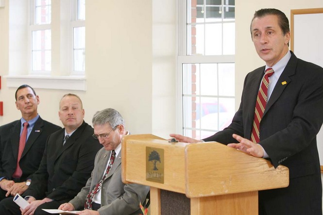 Assemblyman John Burzichelli, right, speaks during the Sustainable Energy Center Dedication in Oldmans Township. 